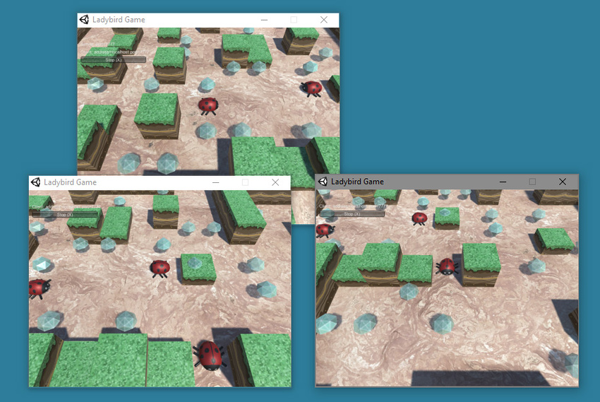 An example of three instances of a networked game running on the same desktop PC. This is useful for quick tests to ensure networked interactions are behaving as you intended. One is running as the host, and two are running as clients.