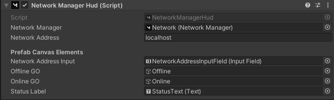 The Network Manager HUD component, as viewed in the inspector